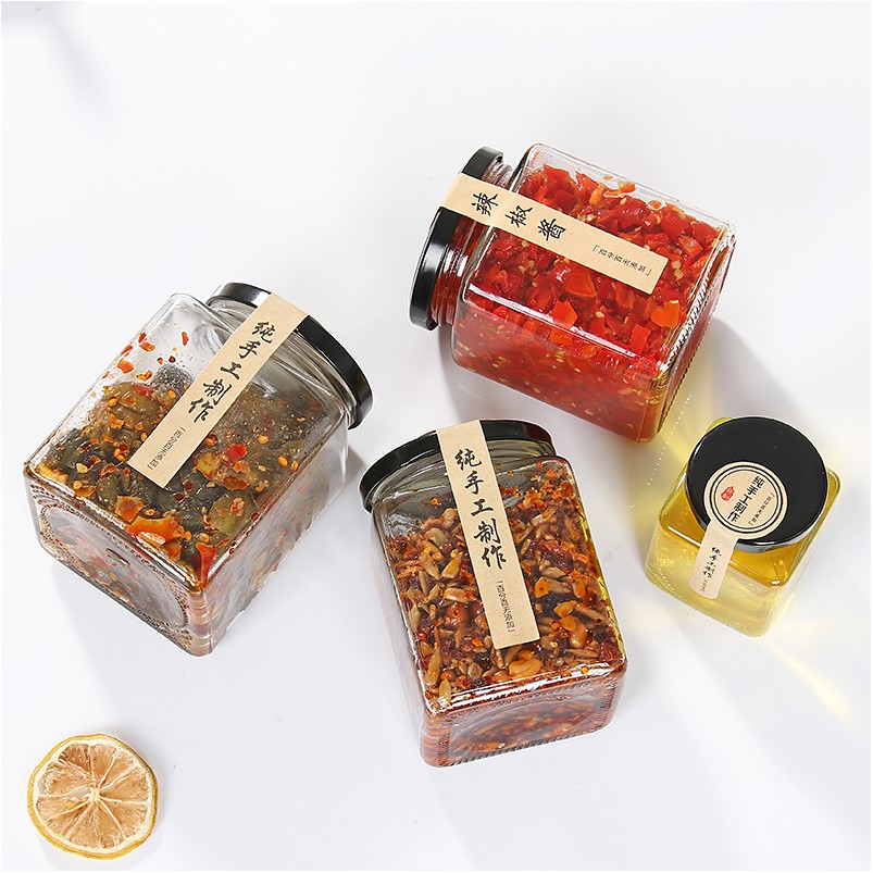 wholesale Food storage Clear Square 250ml 350ml Glass storage Jar with Metal Lid