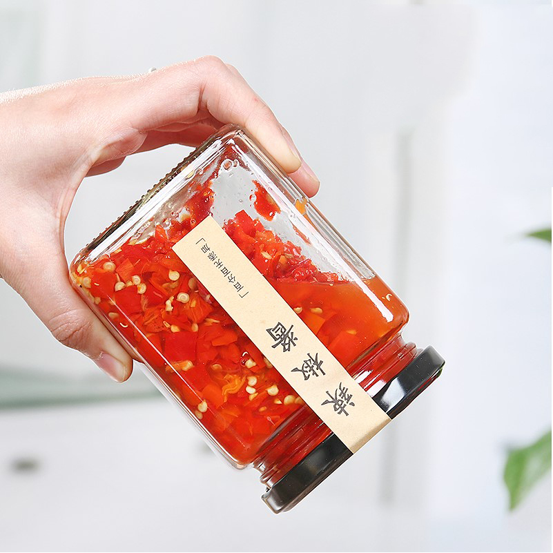 wholesale Food storage Clear Square 250ml 350ml Glass storage Jar with Metal Lid