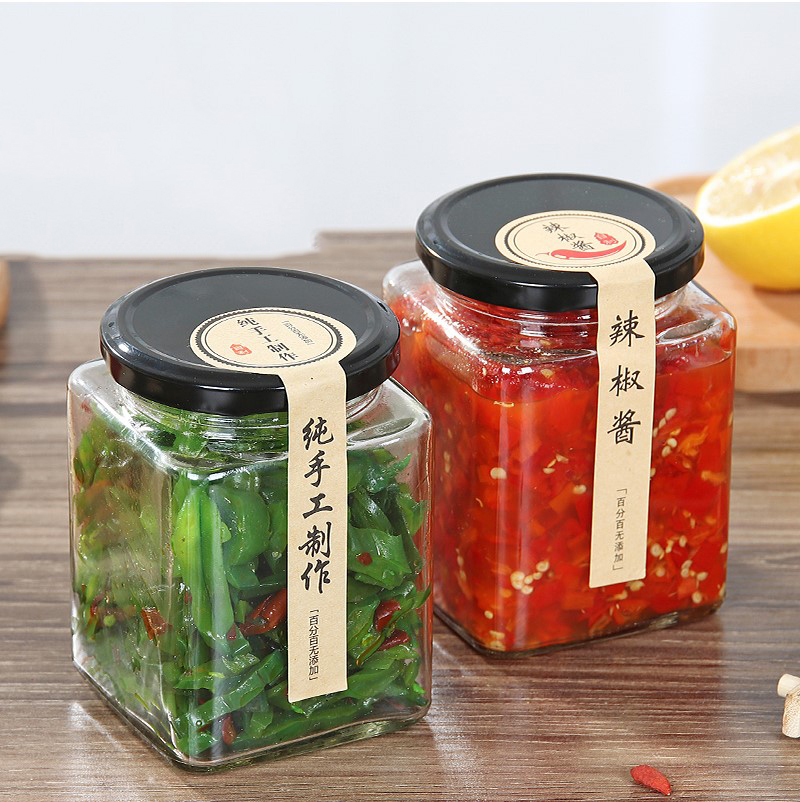 wholesale Food storage Clear Square 250ml 350ml Glass storage Jar with Metal Lid