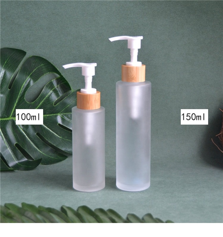 wholesale Frost 150ml 100ml glass bottle with bamboo wooden lotion spray bottle custom logo Cosmetic packaging