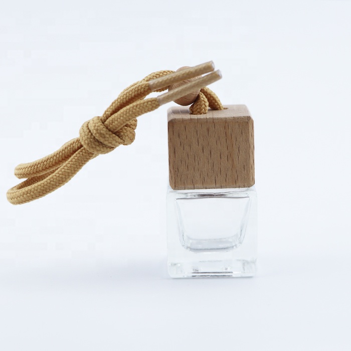 wholesale Glass Car Perfume Bottles with wooden cap 7ml 8ml 9ml 10ml square Shape Car Diffuser Bottle Perfume Empty Hanging