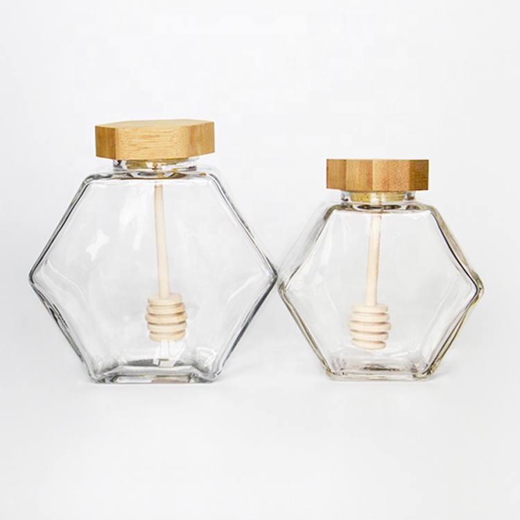 wholesale Hexagonal Glass Jars honey bee Honey Jam Jars Storage with Metal Lids Wooden Lids for sale