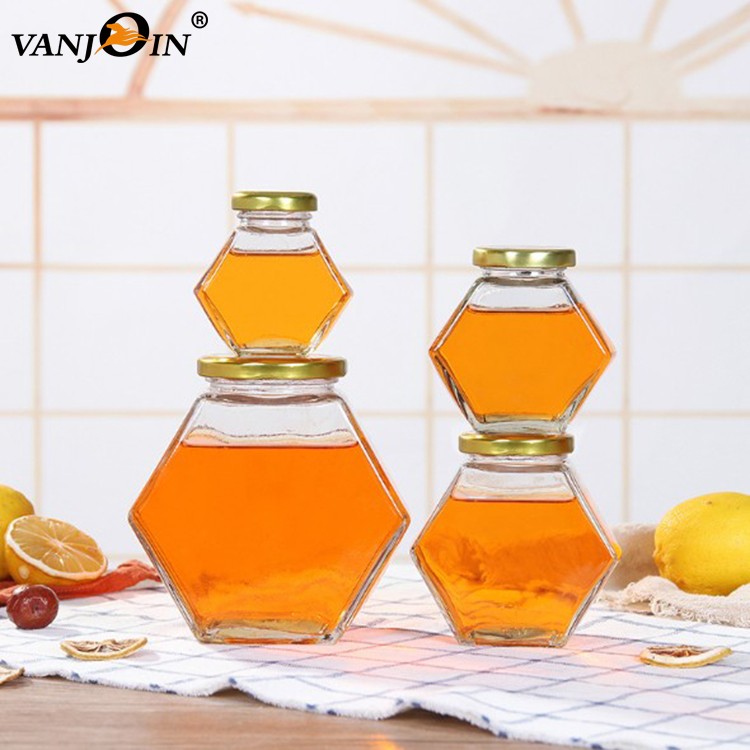 wholesale Hexagonal Glass Jars honey bee Honey Jam Jars Storage with Metal Lids Wooden Lids for sale