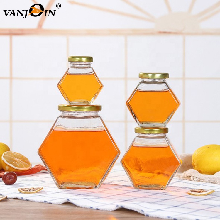 wholesale Hexagonal Glass Jars honey bee Honey Jam Jars Storage with Metal Lids Wooden Lids for sale