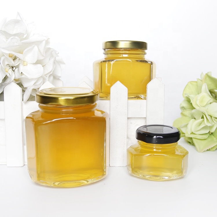 wholesale Hexagonal Glass Wide Mouth  Glass Mason Jar 250ml  With Black /Golden /Silver Screw Lid For Jam Sauce