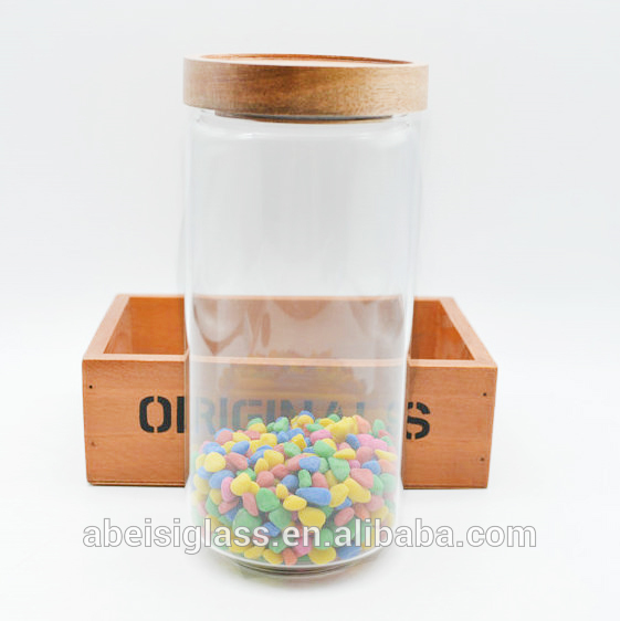 wholesale High quality borosilicate storage with wood lid recycled glass jar