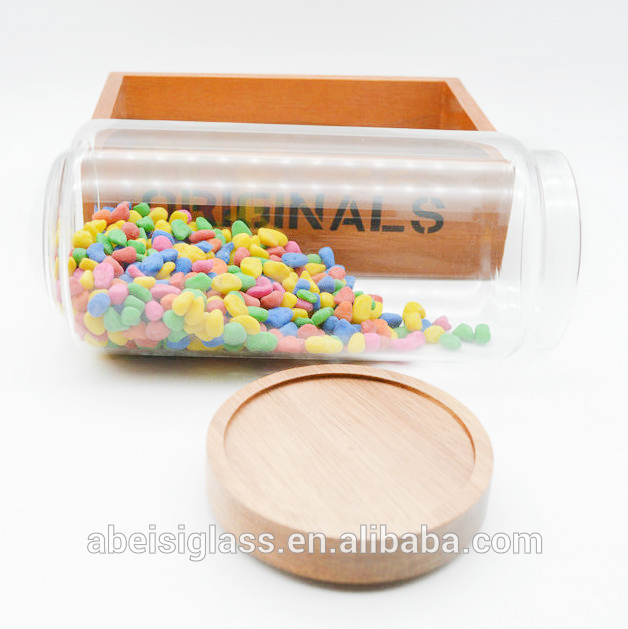 wholesale High quality borosilicate storage with wood lid recycled glass jar
