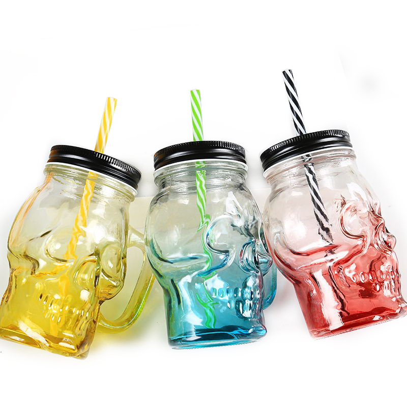 wholesale New Design Colored Glass Wide Mouth 450ml 500ml skull mason jar with straws and hole in bulk