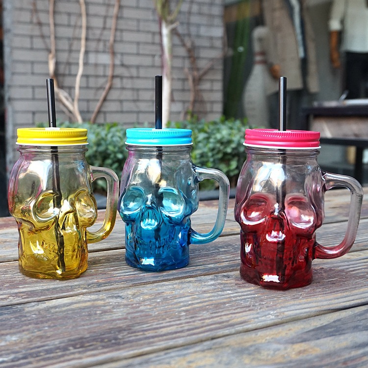 wholesale New Design Colored Glass Wide Mouth 450ml 500ml skull mason jar with straws and hole in bulk