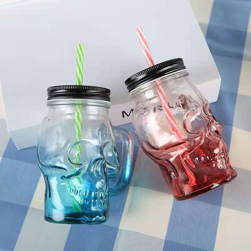 wholesale New Design Colored Glass Wide Mouth 450ml 500ml skull mason jar with straws and hole in bulk