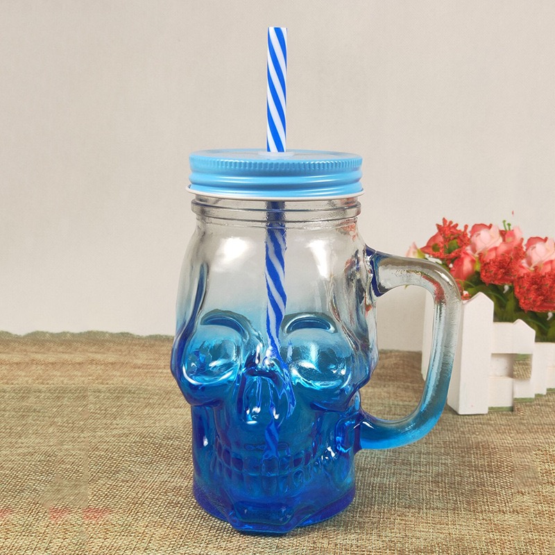 wholesale New Design Colored Glass Wide Mouth 450ml 500ml skull mason jar with straws and hole in bulk