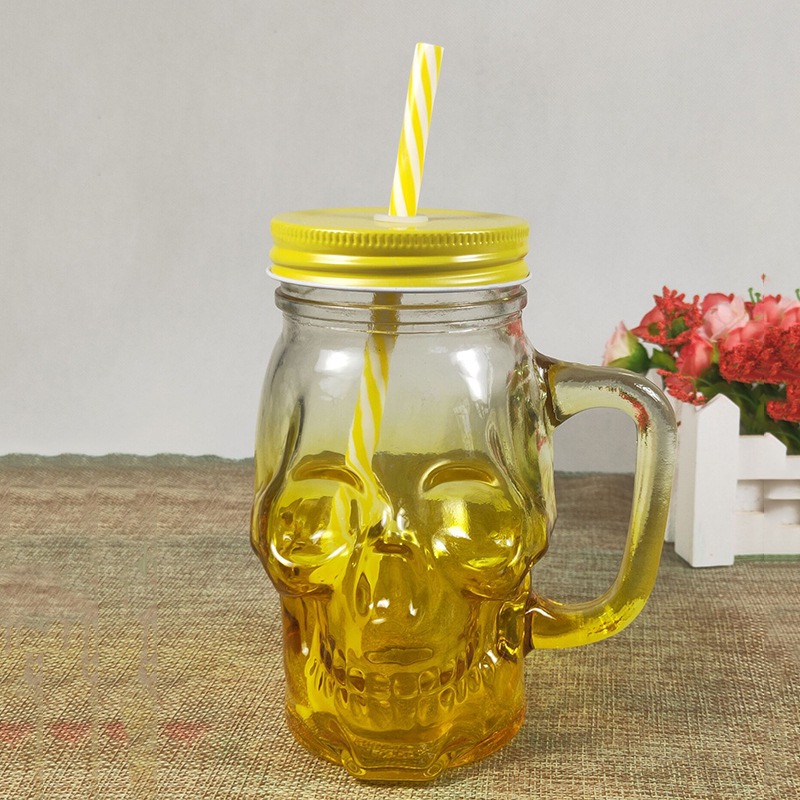 wholesale New Design Colored Glass Wide Mouth 450ml 500ml skull mason jar with straws and hole in bulk