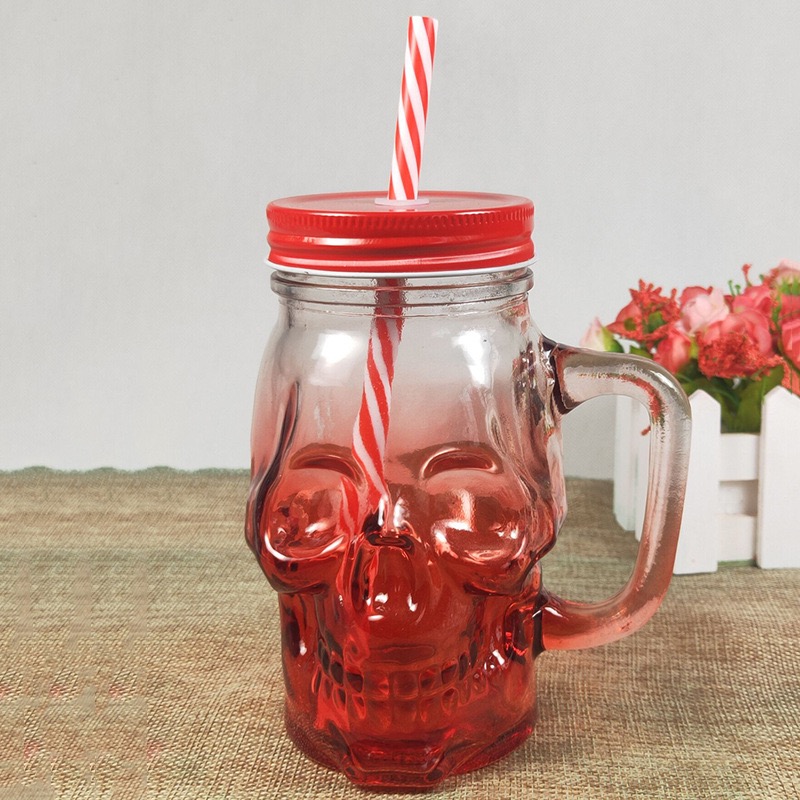 wholesale New Design Colored Glass Wide Mouth 450ml 500ml skull mason jar with straws and hole in bulk