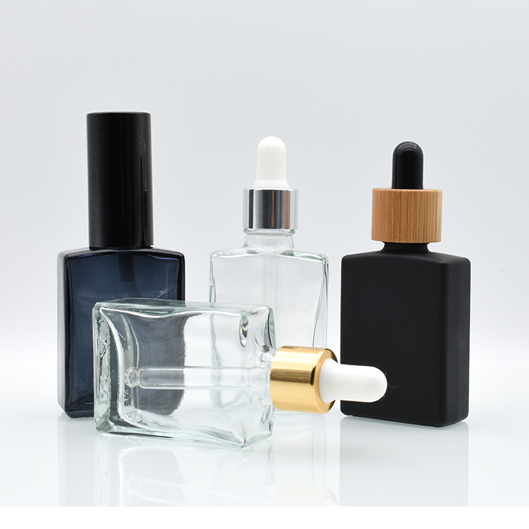 wholesale USA market empty custom made 15ml 30ml black clear square rectangle glass dropper bottles for e liquid essential oil