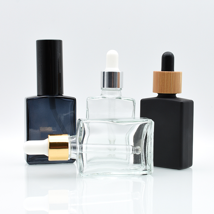 wholesale USA market empty custom made 15ml 30ml black clear square rectangle glass dropper bottles for e liquid essential oil