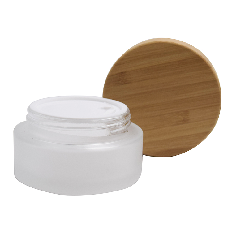 wholesale bamboo container cosmetic packaging high quality empty frosted glass jar with bamboo lid 50g