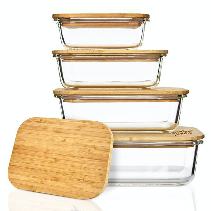 wholesale bamboo glass jar bamboo lid glass food storage container cylinder glass box