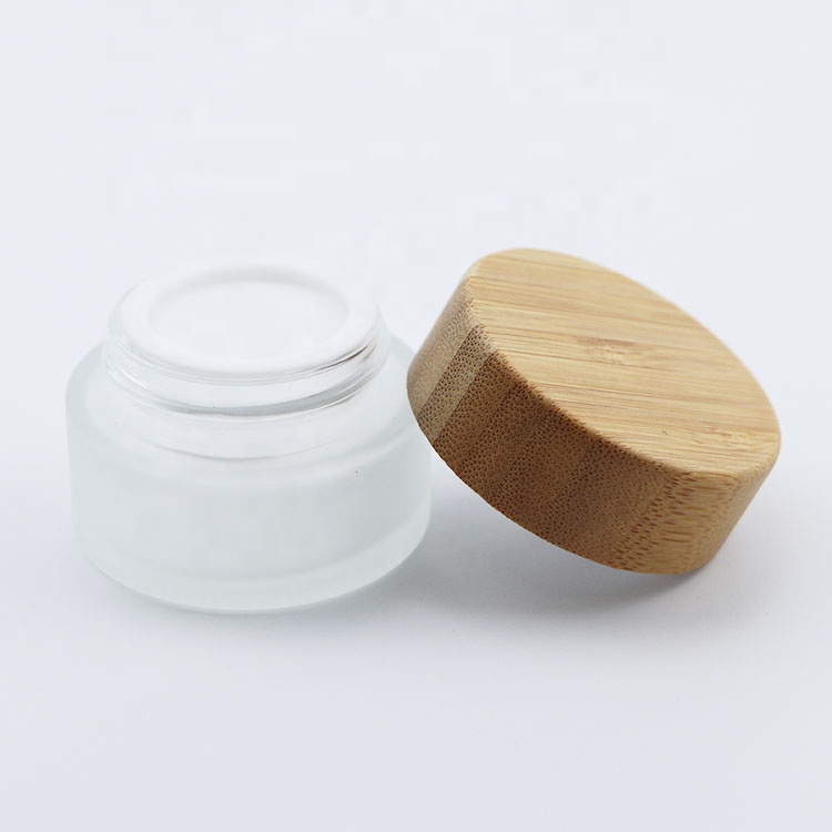 wholesale bamboo top wooden cap clear frosted cream glass jar 30ml glass jars with bamboo cap