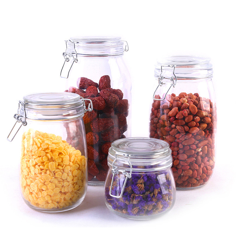 wholesale big and small empty glass jars and round containers with clip lid for kitchen