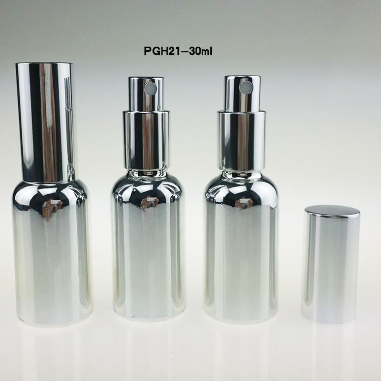 wholesale bulk 30ml glass spray bottle for essential oil, empty luxury silver 1 ounce fine mist spray bottle for perfume