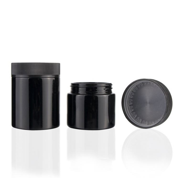 wholesale cheap 120g 4oz herb hemp food container black round straight slide glass jar with plastic black screw lid