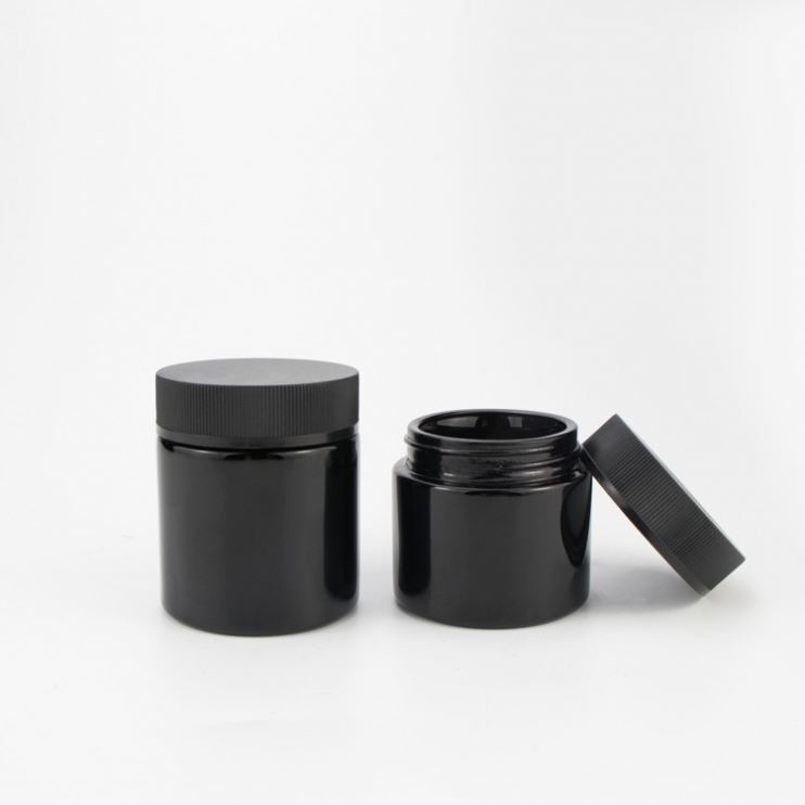 wholesale cheap 120g 4oz herb hemp food container black round straight slide glass jar with plastic black screw lid