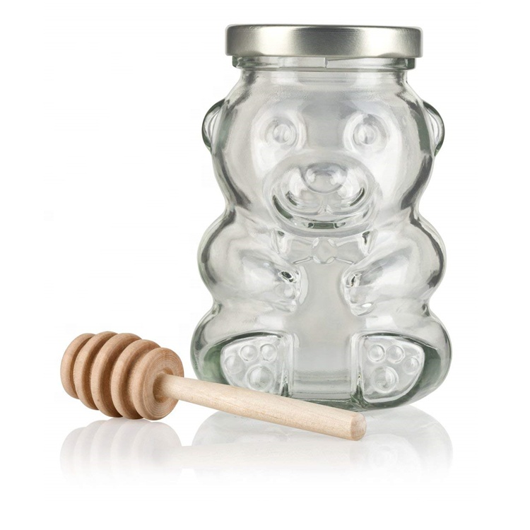 wholesale cheap 200ml teddy bear shaped  frosco vidrio  glass bottle honey bee candy sugar chocolate glass jar with lug lid 8oz