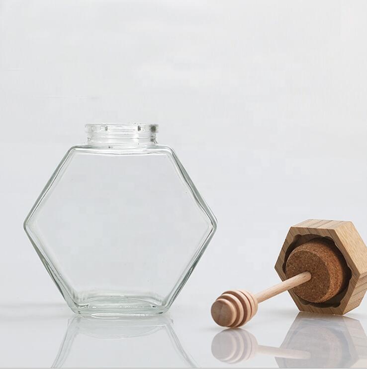 wholesale cheap 250ml honeycomb frosco vidrio hexagon polygon glass bottle honey bee glass jar with wood screw lid 8oz