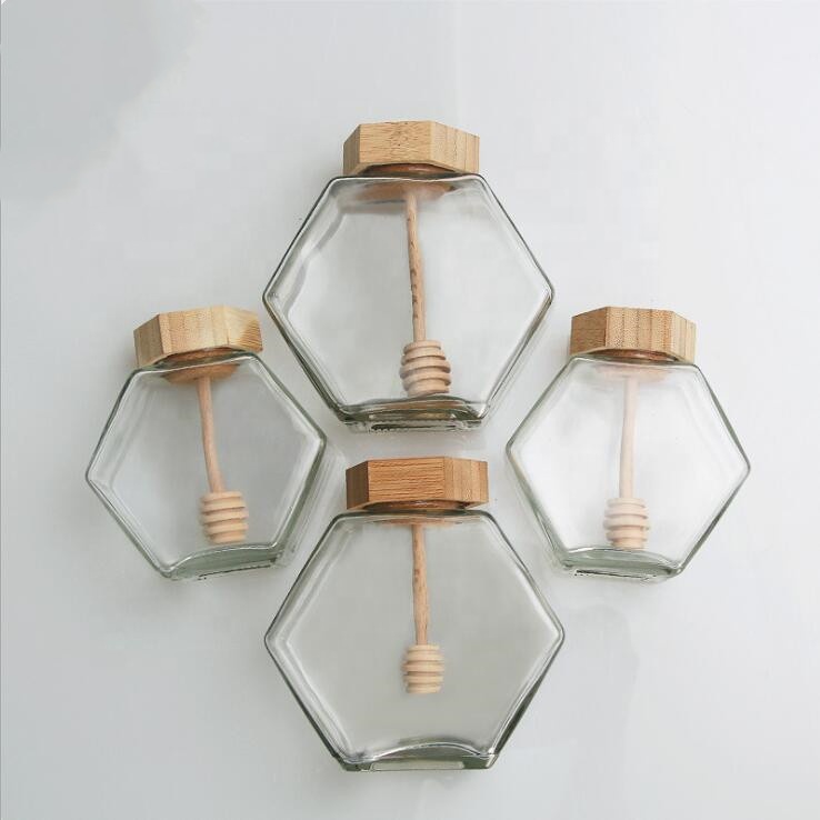 wholesale cheap 250ml honeycomb frosco vidrio hexagon polygon glass bottle honey bee glass jar with wood screw lid 8oz