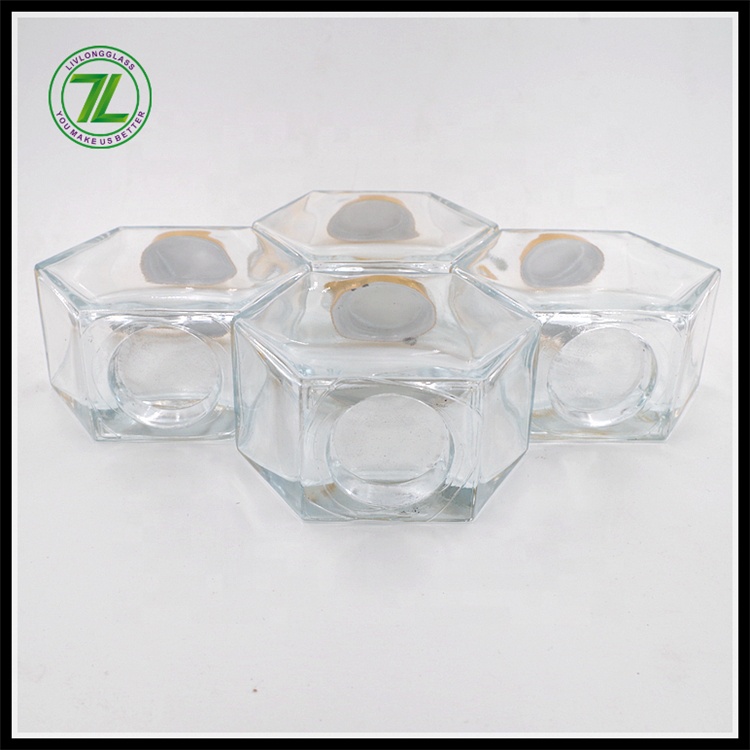 wholesale cheap 250ml honeycomb hexagon polygon glass bottle honey glass jar with gold screw lid