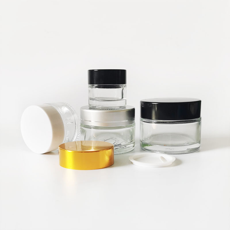 wholesale clear 1oz 30ml  glass cream jar cosmetic jar with gold  black silver white cap