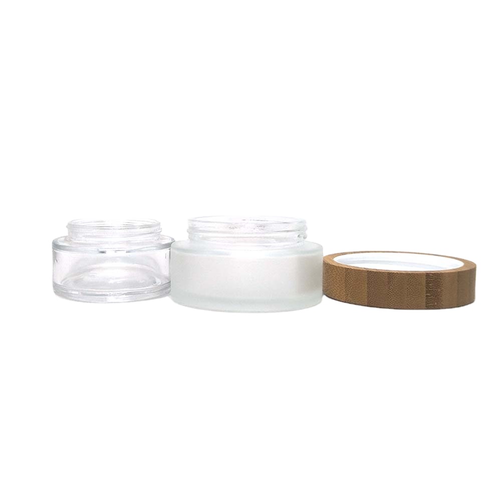 wholesale  clear frosted glass cosmetic packaging skincare cream jars wooden cosmetic container 100g