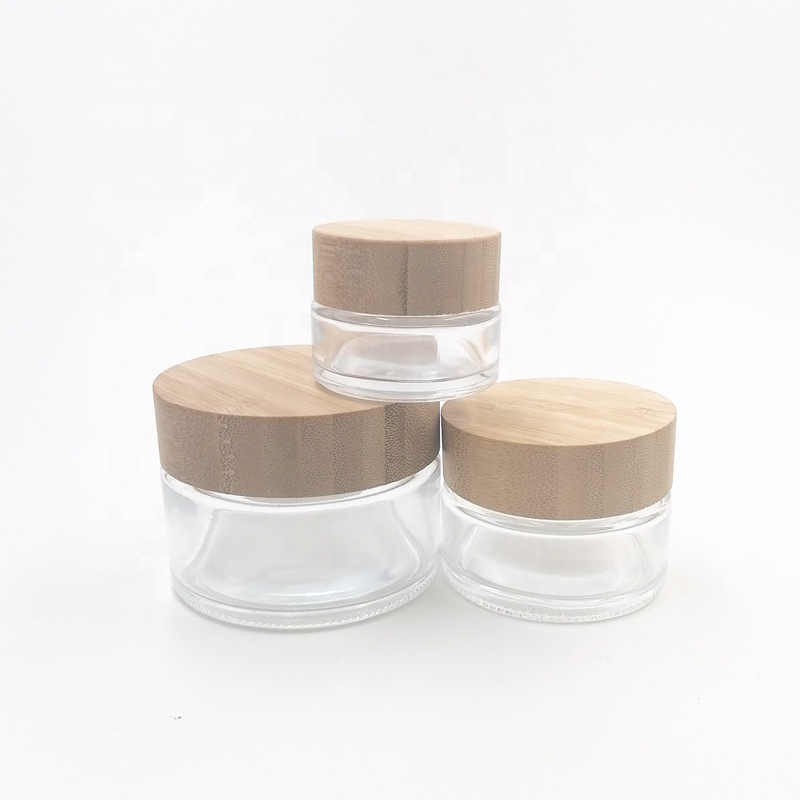 wholesale clear lotion bottle cosmetic face frosted spray cream glass jar wood cover skin matte 50G bamboo no plastic Body scrub