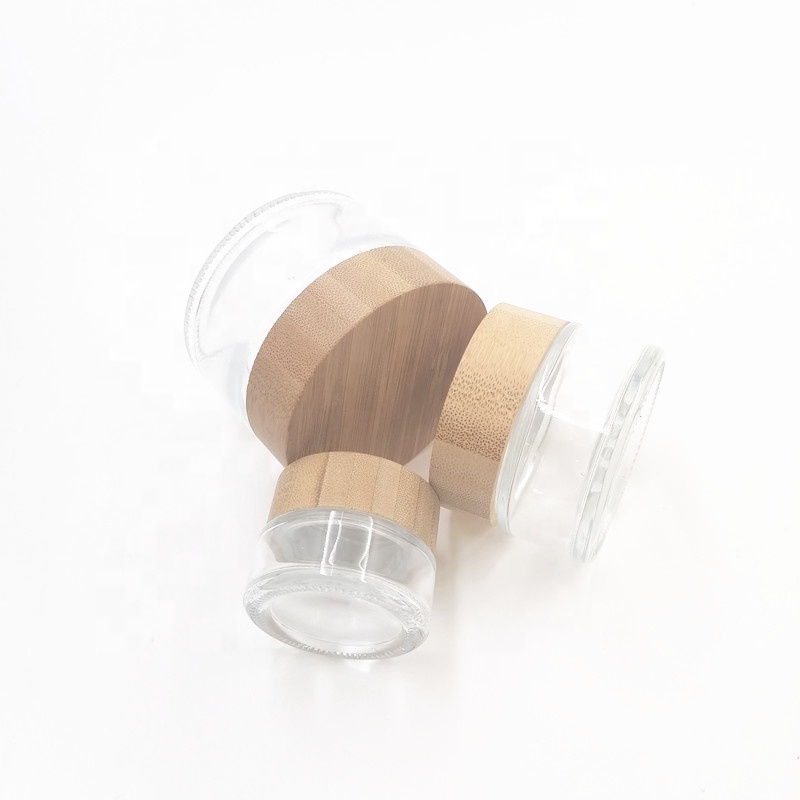 wholesale clear lotion bottle cosmetic face frosted spray cream glass jar wood cover skin matte 50G bamboo no plastic Body scrub