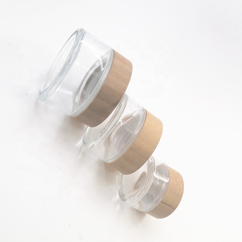 wholesale clear lotion bottle cosmetic face frosted spray cream glass jar wood cover skin matte 50G bamboo no plastic Body scrub