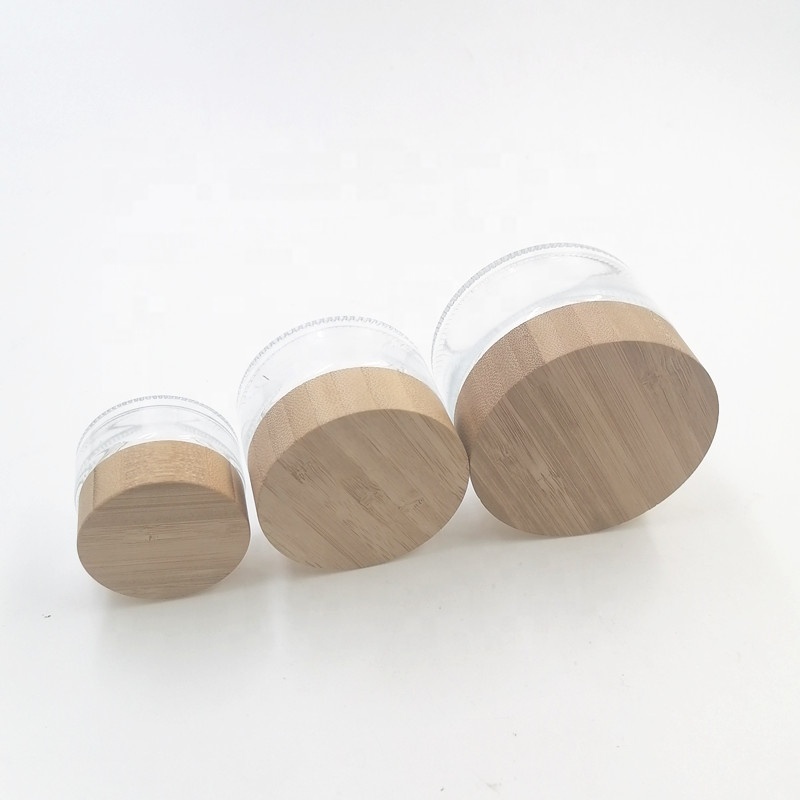 wholesale clear lotion bottle cosmetic face frosted spray cream glass jar wood cover skin matte 50G bamboo no plastic Body scrub