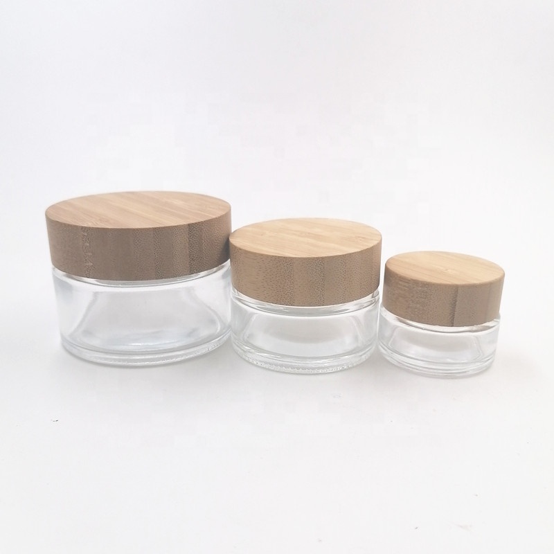 wholesale clear lotion bottle cosmetic face frosted spray cream glass jar wood cover skin matte 50G bamboo no plastic Body scrub