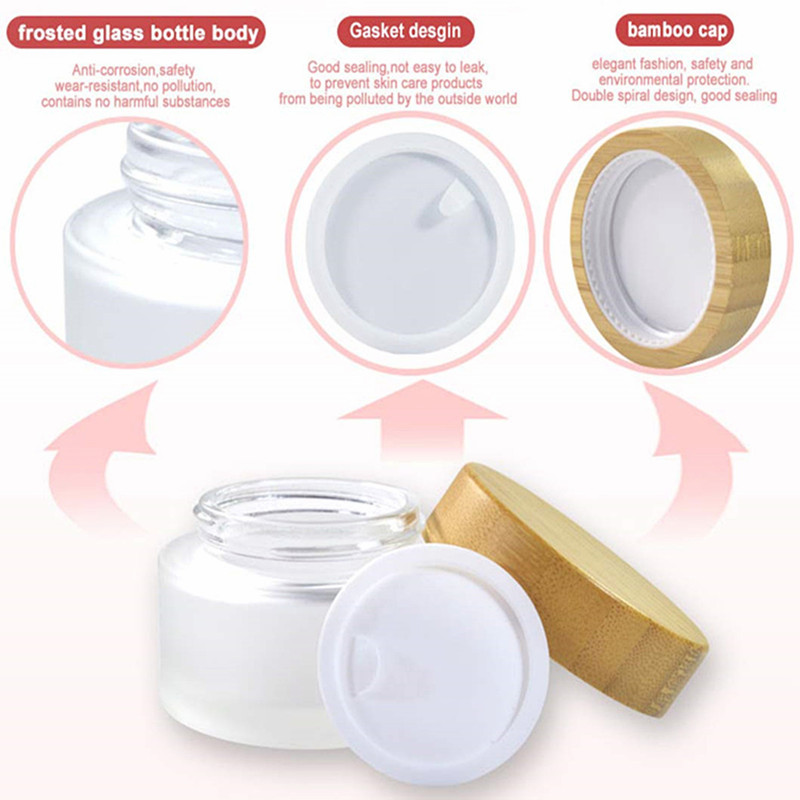 wholesale color and size 10g Frosted Cosmetic Glass Jars for Cream Packaging With Bamboo Lid
