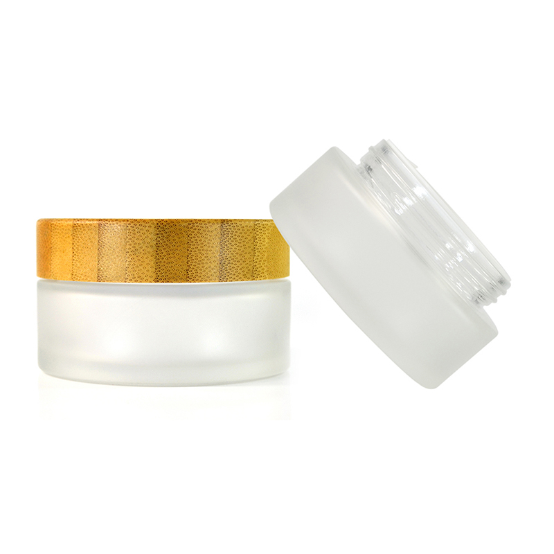 wholesale cosmetic containers skin care packaging 100g clear frosted glass cream jar with bamboo lid