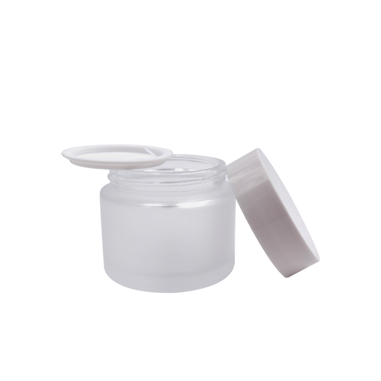 wholesale cosmetic packaging clear frosted glass cream jar container with white lid