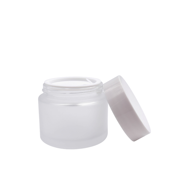 wholesale cosmetic packaging clear frosted glass cream jar container with white lid