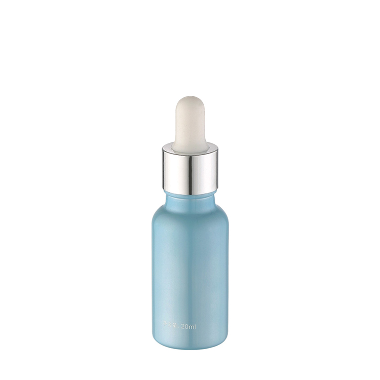 wholesale cosmetic packaging empty luxury plating blue cylinder 20ml glass bottle with silver aluminum dropper