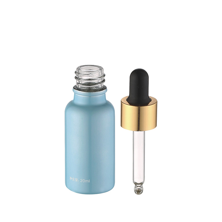 wholesale cosmetic packaging empty luxury plating blue cylinder 20ml glass bottle with silver aluminum dropper