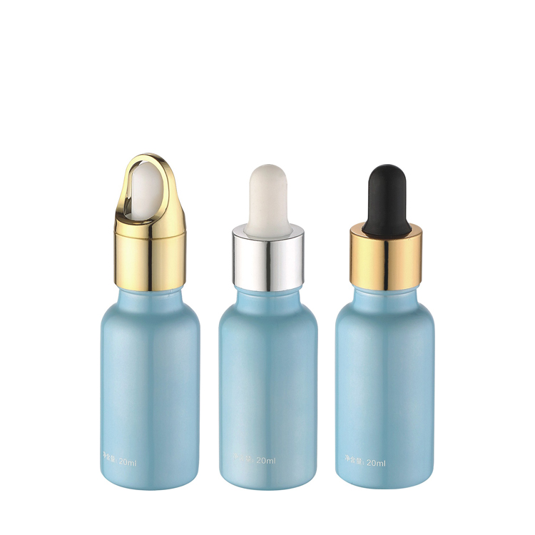 wholesale cosmetic packaging empty luxury plating blue cylinder 20ml glass bottle with silver aluminum dropper