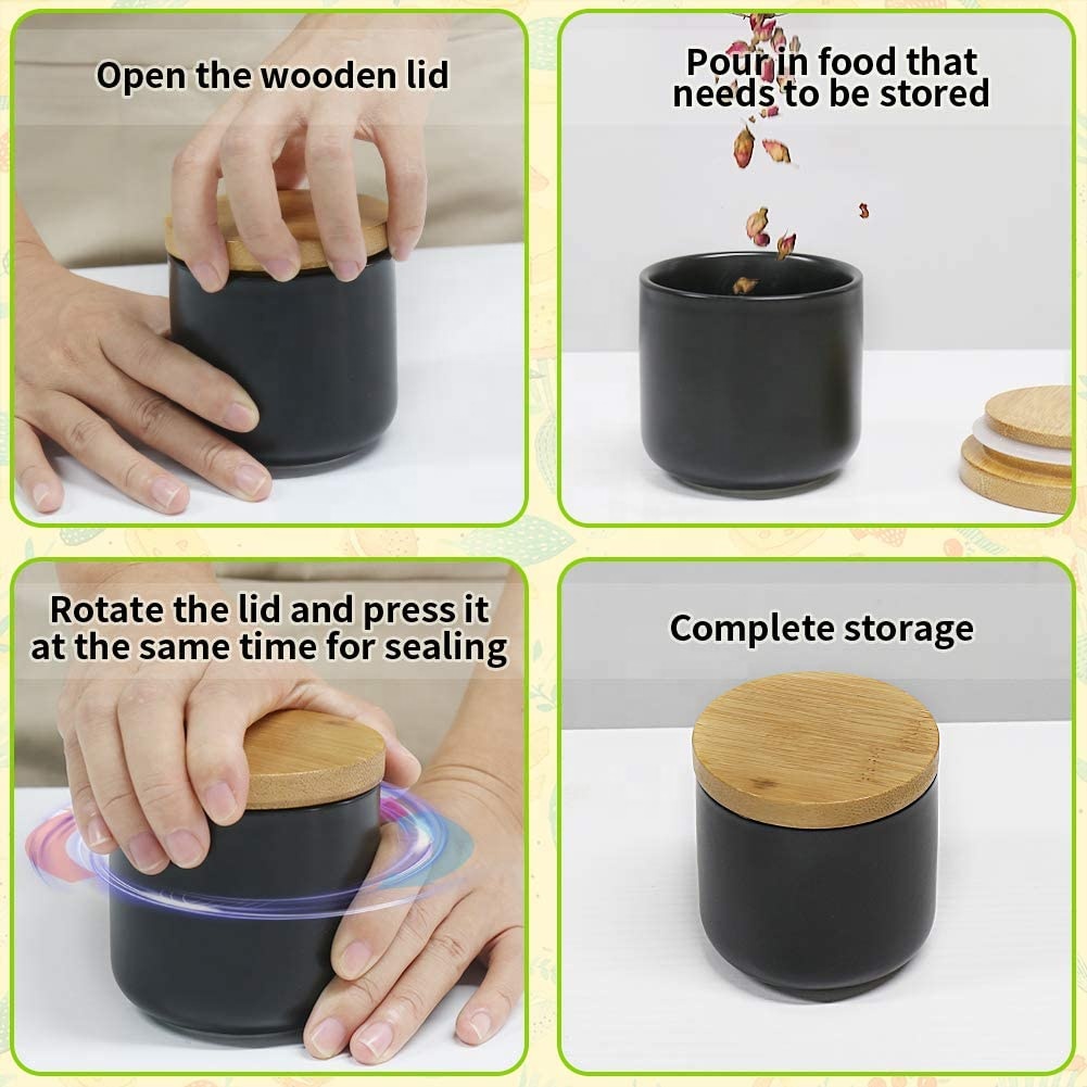 wholesale custom High quality Black Food Storage Canister jars with wooden lids
