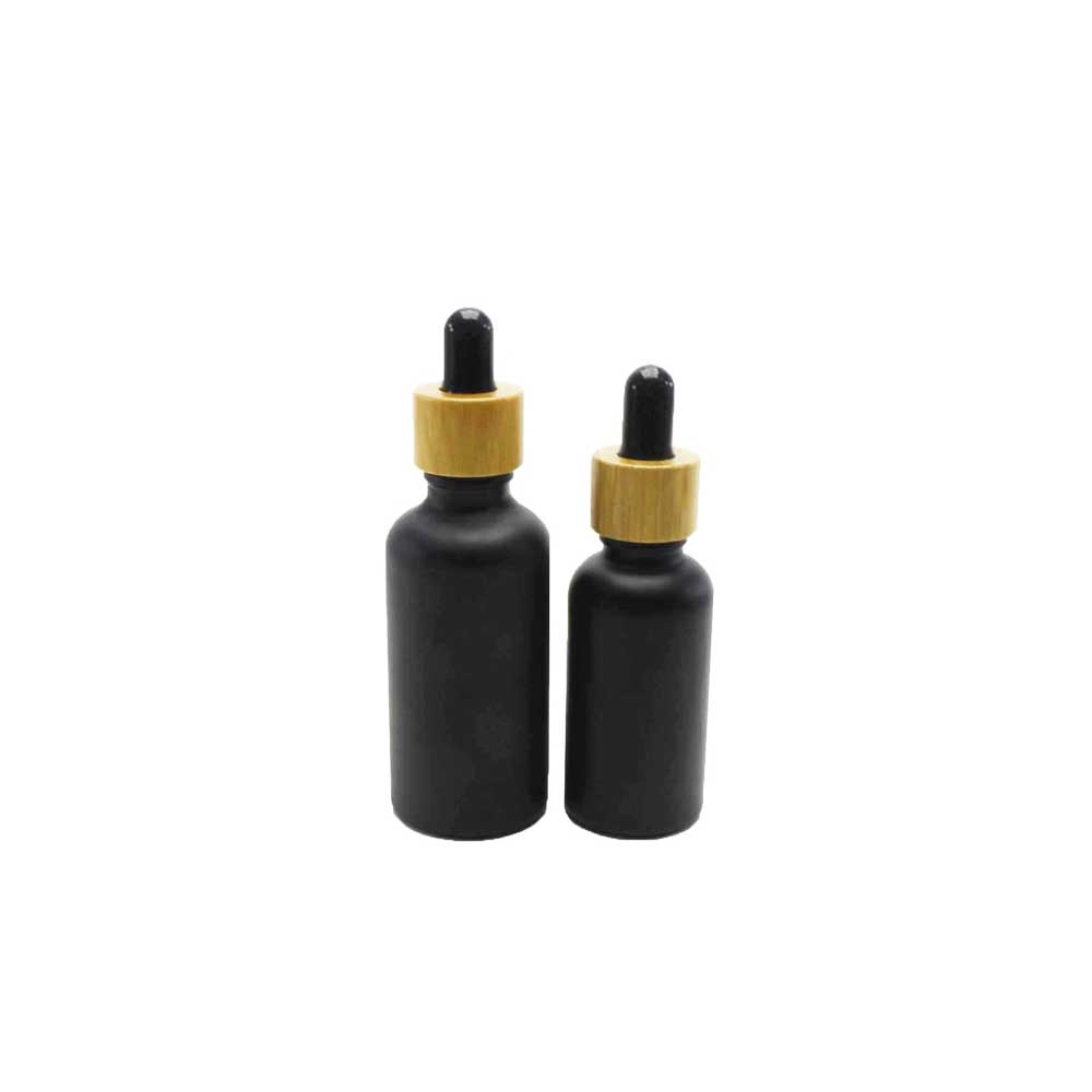 wholesale custom bamboo cosmetic container black frosted glass dropper bottle and jars BP-001K