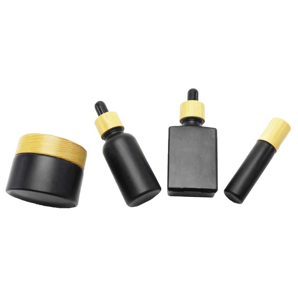 wholesale custom bamboo cosmetic container black frosted glass dropper bottle and jars BP-001K