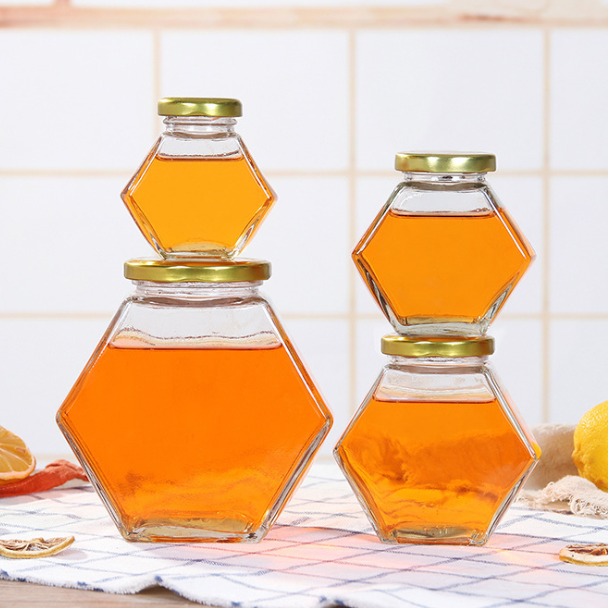 wholesale custom logo printing stock hexagon storage nuts canning spice container glass jars for honey