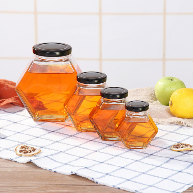 wholesale custom logo printing stock hexagon storage nuts canning spice container glass jars for honey