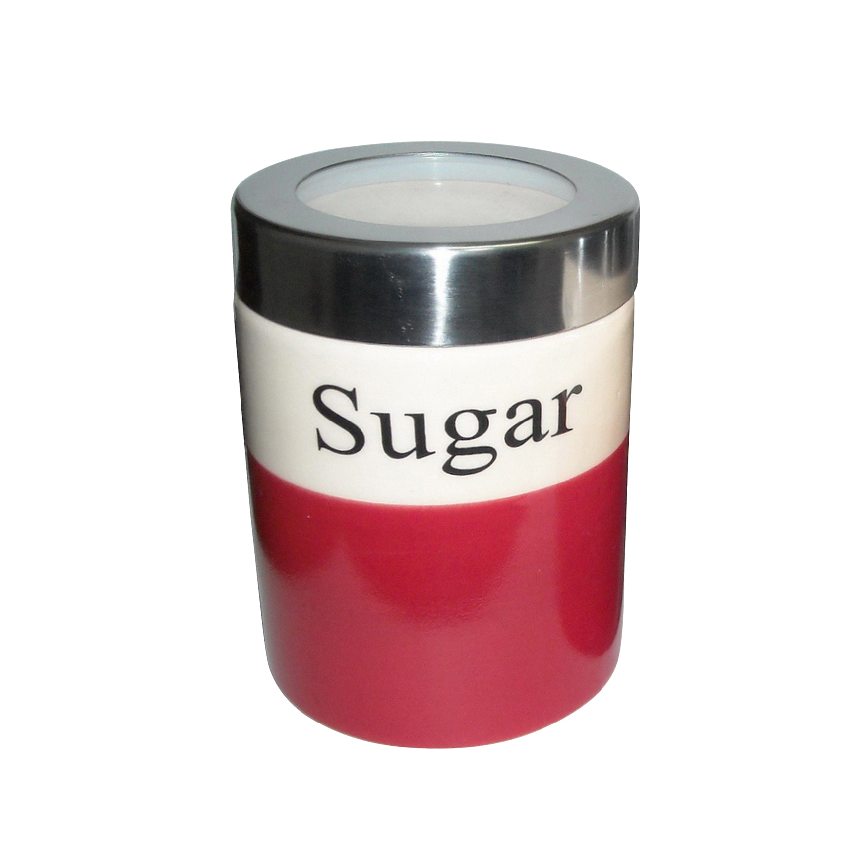 wholesale cylinder white and red sugar jar for food storage ceramic coffee canister with silver metal lid